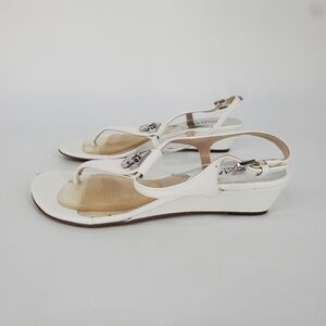 MICHAEL KORS MK Padlock Thong Sandals White Low Wedge Silver Women's 5M Shoes